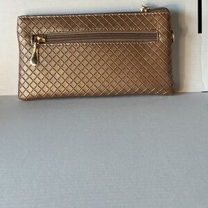 Bronze Woven Wristlet Clutch Wallet w Strap Gold Hardware